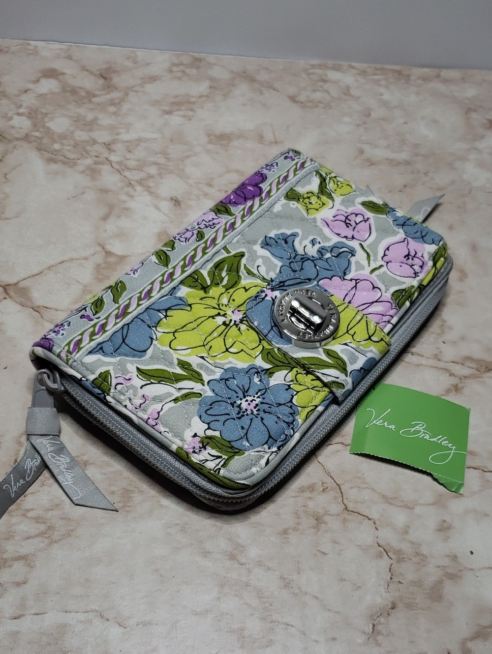 Vera Bradley Quilted Floral Zip Wallet in Blue, Lime & Lavender New